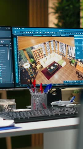 Vertical Video Modern architecture workspace featuring dual monitors with 3D rendering software and floor plan layouts on screen. Interior design, drafting and engineering focused on creativity and