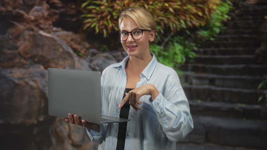 Woman holding laptop one handed, hand on hip, smiling, wearing glasses and light blue shirt over black tanktop in studio set with stone steps and plants; remote work confidence.