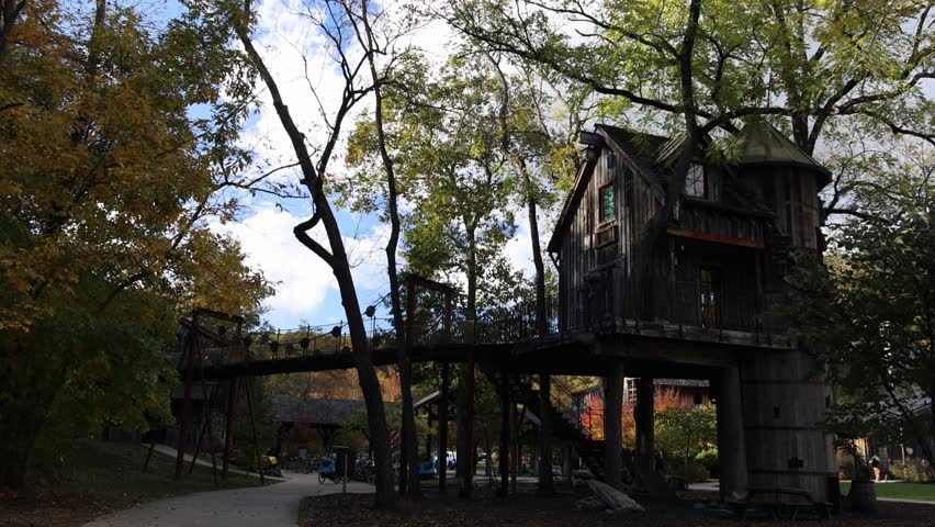 Sunny view of the cute Tree House in Dogwood Canyon Nature Park at Missouri