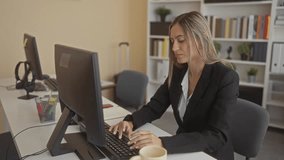 Woman typing on keyboard at office desk with computer monitor and coffee mug; focused productive calm. - Powered by Shutterstock - Get 15% off with code: PIKWIZARD15