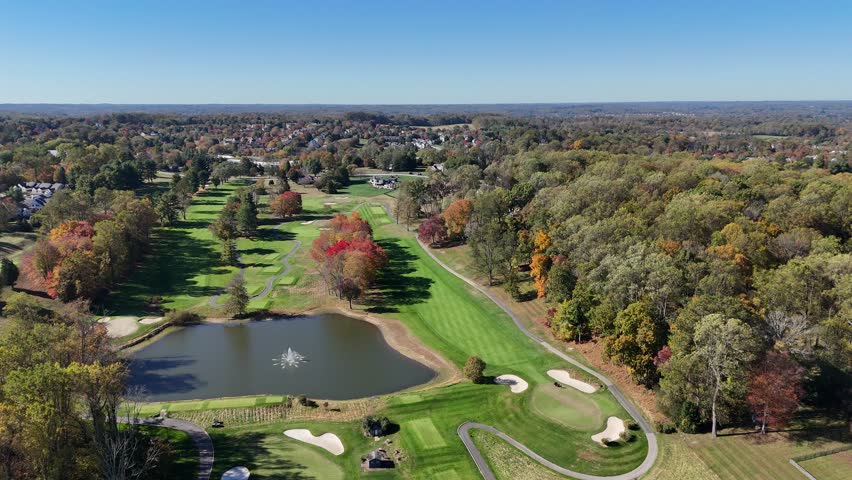 Residential communities near a golf course in the colorful fall in West Chester, suburb of Philadelphia, Pennsylvania