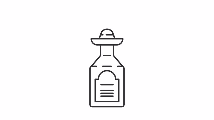 Animated tequila line icon. Hard alcohol drink from Mexico animation. Traditional Mexican liquor bottle. Exotic party beverage. Outline element on white background. HD video with alpha channel
