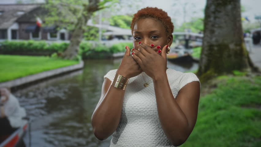 Woman wearing white knit top and gold jewelry covers mouth with hands at channel by boat and tree trunk; silence.
