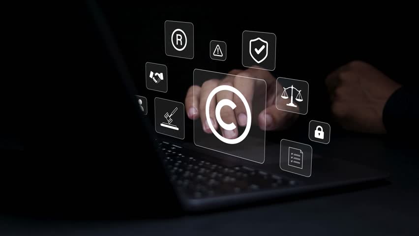 copyright or intellectual property patents concept. patent campaigning, copyright infringement, trademark. piracy protection, proprietary representation, legitimate innovations and inventions. 