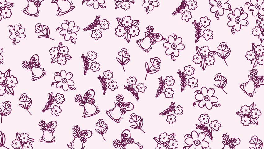 Seamless Looping Hand-Drawn Floral Doodle Pattern Featuring Cute Flowers, Buds, and Vases with Dark Red Line Art on a Soft Pastel Pink Background, Ideal for Valentine's Day or Beauty Content