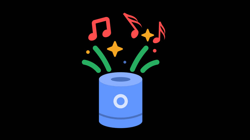 Smart speaker celebration sound featuring a speaker with floating music notes and sparkles. Great for festive music themes, holiday playlists, and joyful audio designs.