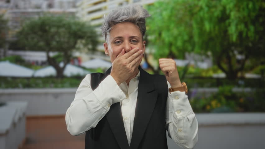 Caucasian woman with short grey hair in white shirt and black vest finger to lips on busy city street with green trees and building railing; secrecy.