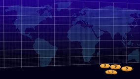 Blue Bar Chart with Stacked Gold Coins and World Map animation Background graph data. Dynamic blue bar chart rises with gold coin stacks on animated world map for financial data display. - Powered by Shutterstock - Get 15% off with code: PIKWIZARD15
