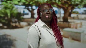 Woman with braids smiling playfully in an outdoor park setting under trees, with bright red hair and glasses, showcasing a cheerful and confident demeanor. - Powered by Shutterstock - Get 15% off with code: PIKWIZARD15