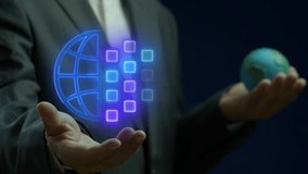Businessman shows animated neon globe icon merging into digital blocks. Represents global digitalization, data network, digital transformation and future technology concepts. - Powered by Shutterstock - Get 15% off with code: PIKWIZARD15