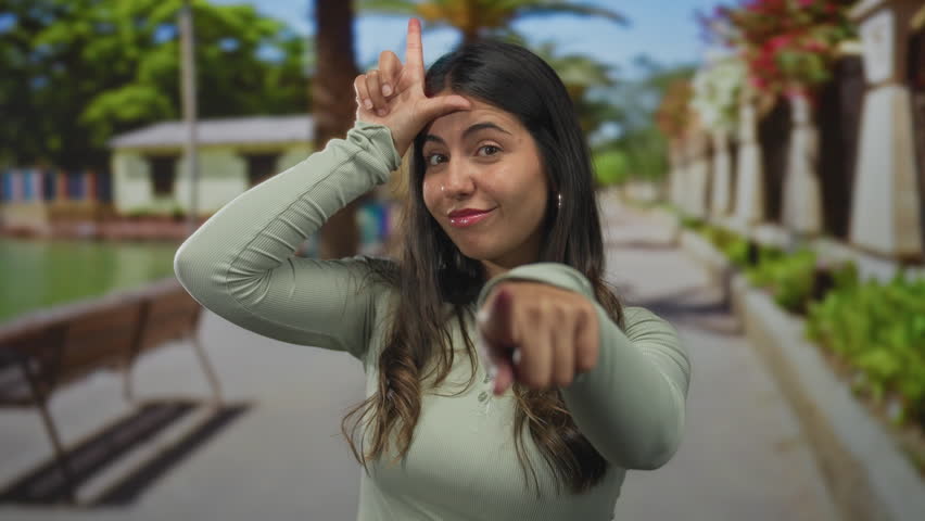 Young hispanic woman makes loser sign on forehead in a sunlit green outdoor park setting; mockery.