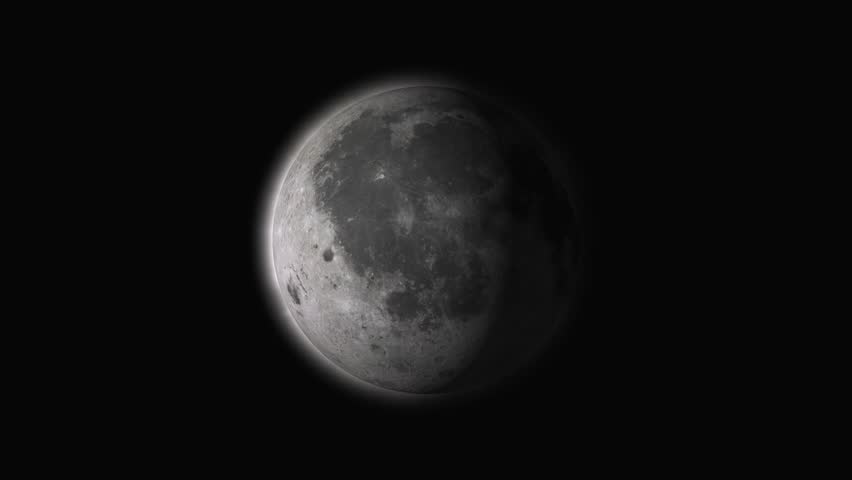 The Moon illuminated against a starry animation black sky with visible craters and surface details space. Animated space scene showing moon glowing with visible craters in black starry sky motion.