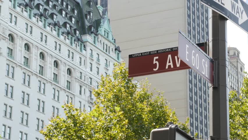 New York City Manhattan Midtown, United States. Old historic hotel building 1907 on Grand Army Plaza, 5 fifth avenue sign near Central Park. Classic iconic american architecture. Pulitzer Plaza in NYC