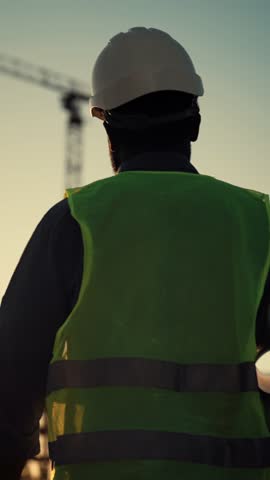 Architectural engineering and construction equipment, builder in building area. Back view of professional foreman or engineer admiring process of creating buildings, innovation and city development