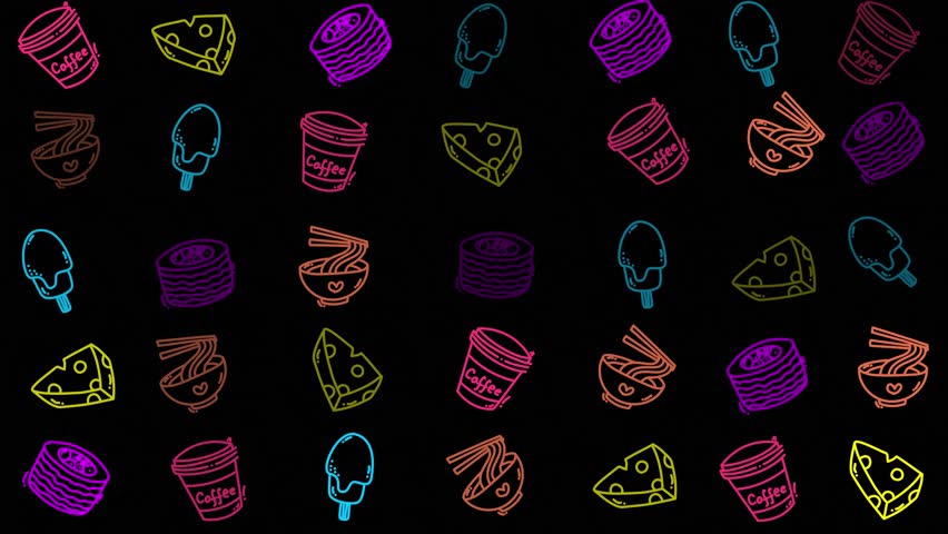 Colorful neon doodle food icons including coffee, noodles, cheese, cake, and ice cream forming flickering seamless pattern animation on black background. - Powered by Shutterstock - Get 15% off with code: PIKWIZARD15