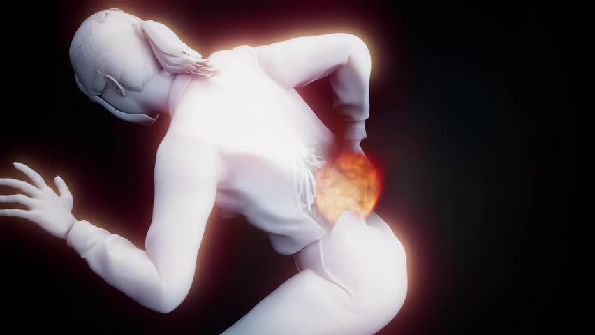 Conceptual 3D animation of a woman with back pain on fire