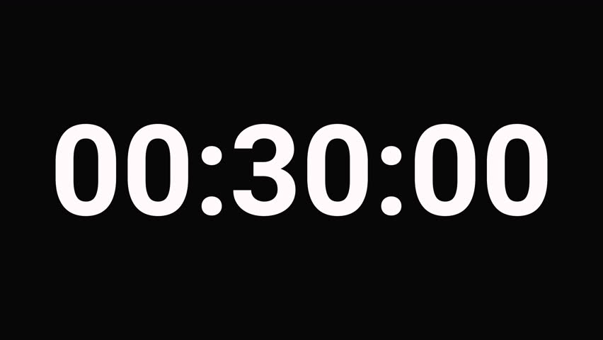 30 second reverse digital stopwatch animation counting down from 30 to 1 seconds. Realistic stopwatch display showing minutes, seconds, and hundredths of a second. Smooth and precise countdown animate