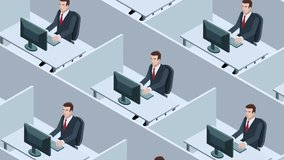 Isometric 3D cartoon animation showing office cubicles with employees working at computers perfect for business teamwork corporate workflow and modern office visuals - Powered by Shutterstock - Get 15% off with code: PIKWIZARD15