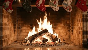 A cozy fireplace burns brightly with Christmas stockings hanging above - Powered by Shutterstock - Get 15% off with code: PIKWIZARD15