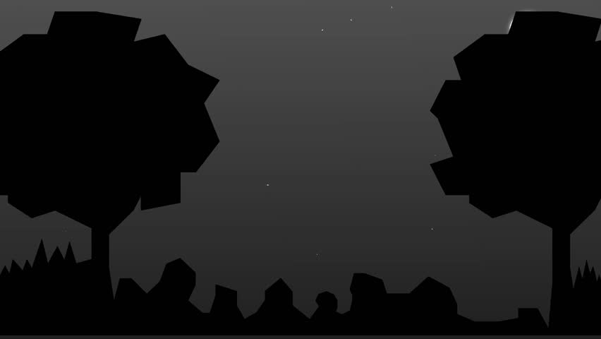 Beautiful night sky with twinkling stars and a moving full moon between two tree shadows, ideal for presentation or animation backgrounds.