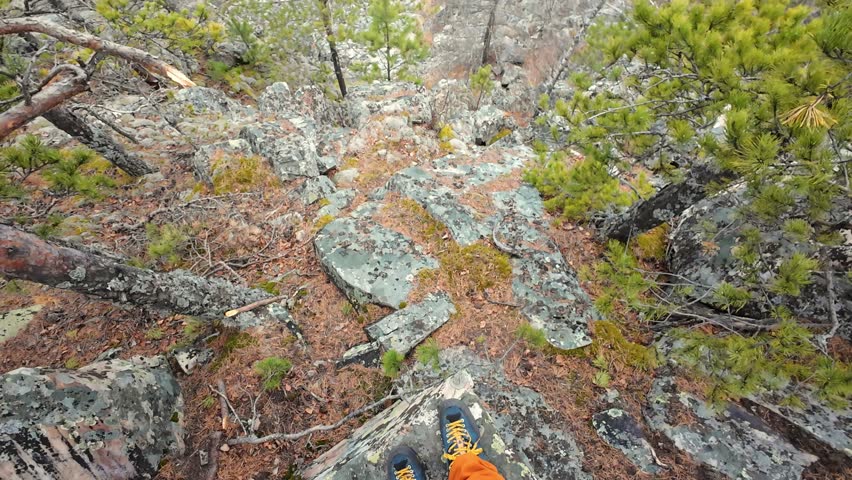 Aerial ridge overlook with rocky outcrops and stunted pines, mosscovered stones and sweeping valley horizon under clouded sky, panoramic wilderness scene for travel and conservation