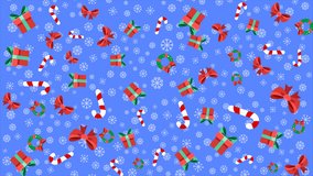 4k animated of seamless christmas pattern featured cute icon of giftbox, candy stick, wreath and other with snow falling on blue background. - Powered by Shutterstock - Get 15% off with code: PIKWIZARD15