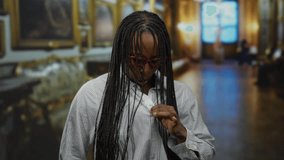 Woman with curly hair adjusting shirt in museum gallery setting with expression of heat wearing glasses with braided hairstyle and immersive exhibition background. - Powered by Shutterstock - Get 15% off with code: PIKWIZARD15