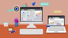 Digital Workspace with Analytics on Screens, Animation of desktop and laptop with analytics on screens, surrounded by office items - Powered by Shutterstock - Get 15% off with code: PIKWIZARD15