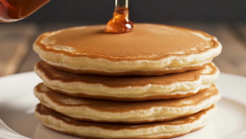Golden maple syrup being poured onto a stack of fluffy pancakes ready to be enjoyed for breakfast