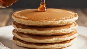 Golden maple syrup being poured onto a stack of fluffy pancakes ready to be enjoyed for breakfast - Powered by Shutterstock - Get 15% off with code: PIKWIZARD15