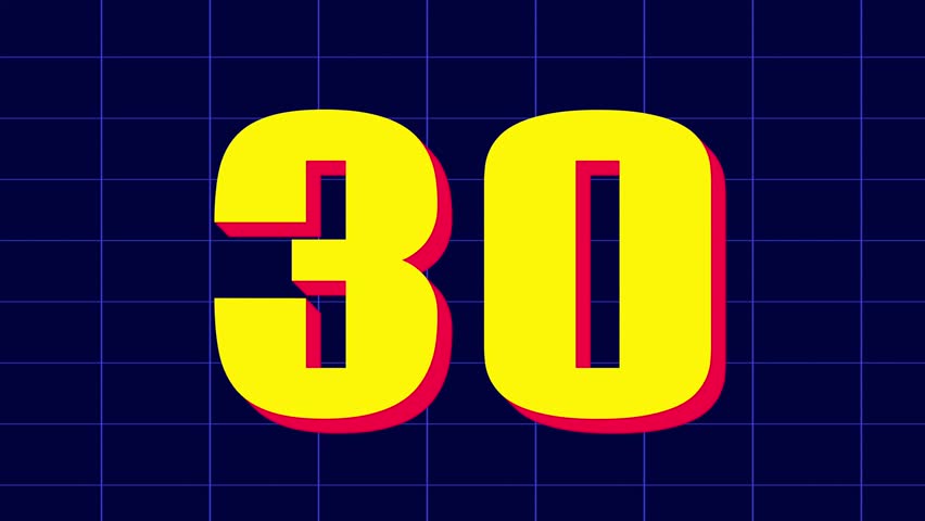 30 second countdown timer in bold yellow number with red shadow on blue grid background perfect for countdown, timer animations, and motion graphics projects