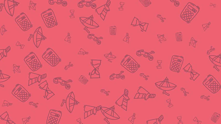 Abstract seamless pattern with retro technology icons on a red background. Vintage calculators, satellites, hourglasses, and other gadgets. Nostalgic, playful, and versatile.