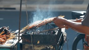 Vendor grilling chicken on sticks on homemade grill for customers outdoors at street food market in south Asia. Person cooking and selling unhealthy snacks, junk food at local bazaar in urban city. - Powered by Shutterstock - Get 15% off with code: PIKWIZARD15