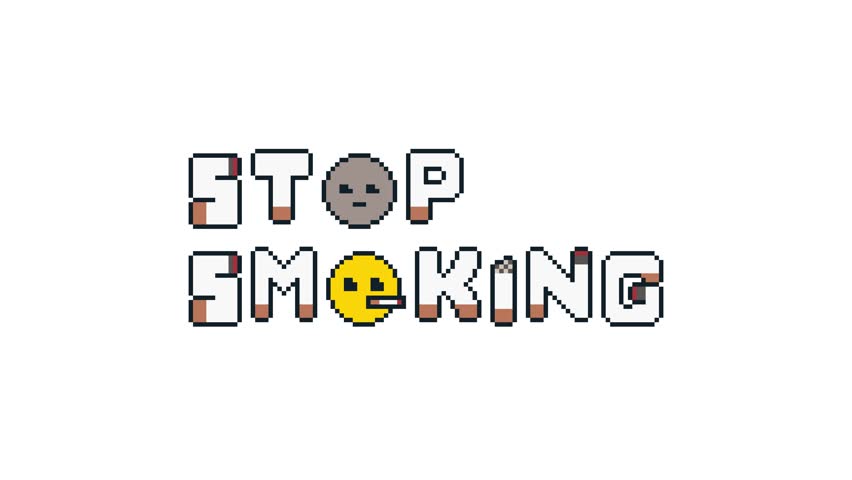 8-bit pixel art stop smoking typography for a campaign with cigarette illustration. looped animation 4k 30fps