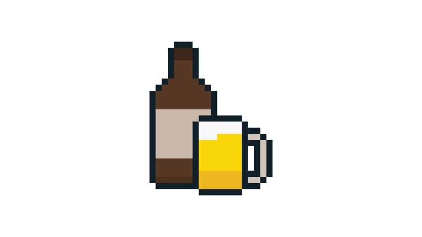 8-bit pixel art bottle of beer and a cup of beer. danger of drinking 9 icons set. looped animation 4k 30fps