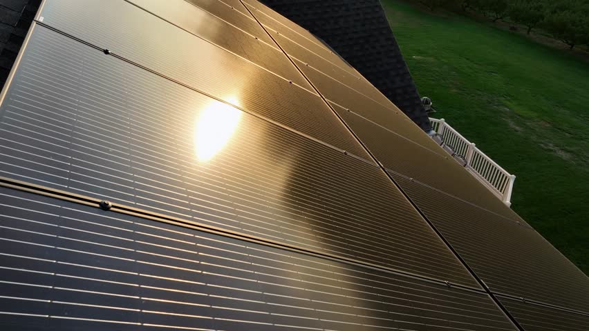 Solar panels on roof of american house during golden sunset. green grass in garden. Quiet suburbia. Production of green energy. Aerial tilt up wide shot. Mississippi, USA.