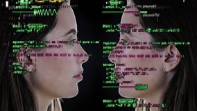 a female face mirrored with overlayed code and data - Powered by Shutterstock - Get 15% off with code: PIKWIZARD15