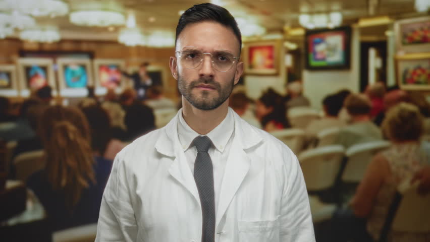 Young hispanic man in white coat stands in art gallery with colorful paintings indoors in soft lighting.