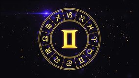 Zodiac sign Gemini with horoscope wheel on a dark blue background, featuring celestial symbols, astrology, and cosmic alignment for horoscopes and star insights. - Powered by Shutterstock - Get 15% off with code: PIKWIZARD15