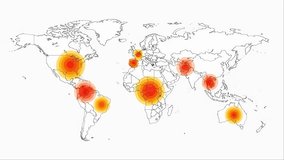 An abstract world map featuring multiple glowing red and yellow concentric circles, symbolizing global impact, spread, or areas of influence across different continents. - Powered by Shutterstock - Get 15% off with code: PIKWIZARD15