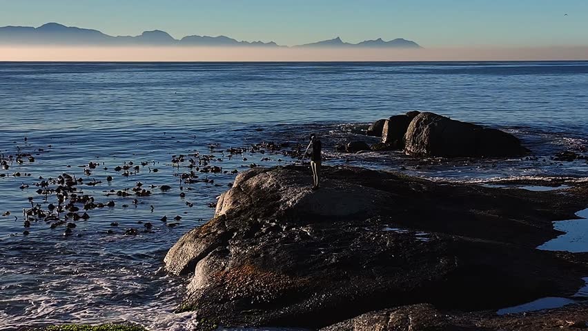 Aerial view of the rocky coastline with waves crashing, person standing on rocks with mountains in distance, Cape Town, Western Cape, South Africa.