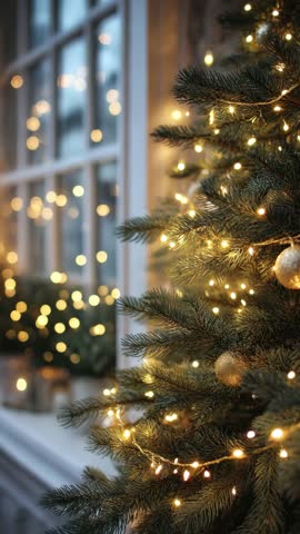 Close up of Christmas fir tree with sparkling lights and ornaments in a beautiful window setting. Holiday decoration for festive season and winter celebration background with copy space. Vertical.