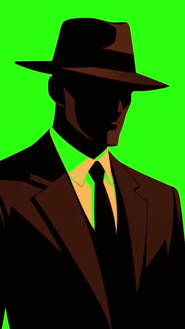 man in suit and fedora hat on neon green background. Dark silhouette of a detective or secret agent in retro vintage
