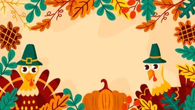 Festive Thanksgiving background featuring cute turkeys, pumpkins, and autumn leaves with warm harvest colors. Ideal for holiday greetings, seasonal messages, celebration videos, and fall-themed conten - Powered by Shutterstock - Get 15% off with code: PIKWIZARD15