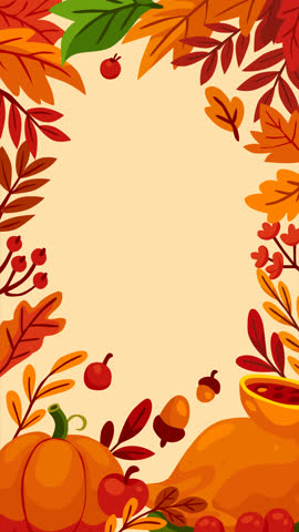 Warm autumn background with pumpkins, leaves, berries, and harvest elements forming a decorative frame. Perfect for Thanksgiving greetings, seasonal invitations, fall celebration videos