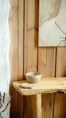 Rustic wooden shelf with handmade pottery bowl and decorative branch