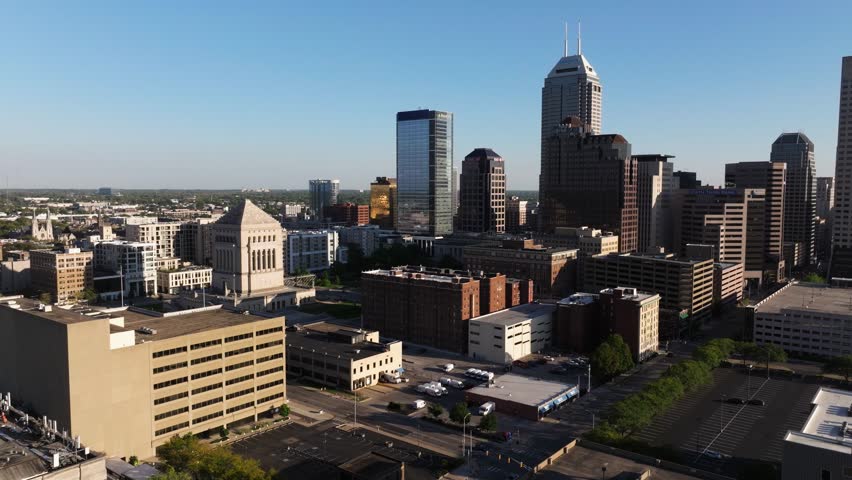 Drone Ascends Above Downtown Indianapolis Skyline on Summer Day