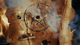 Ancient parchment featuring a pentagram symbol engulfed in bright flames, representing mysticism, occult symbolism, and the dramatic fusion of fire, ritual, and spiritual mystery. - Powered by Shutterstock - Get 15% off with code: PIKWIZARD15
