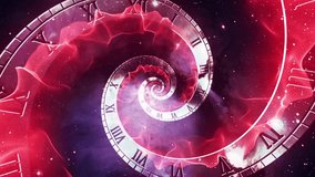 Red cosmic infinity clock with Roman numerals, infinite zoom-in effect, seamless loop, futuristic and dynamic time visualization. - Powered by Shutterstock - Get 15% off with code: PIKWIZARD15