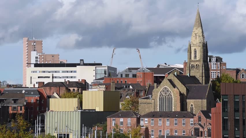 Beautiful view of the Nottingham city skyline at the heart of Nottingham city centre, England. This urban cityscape highlights the modern architecture and historic landmarks in the East Midlands.